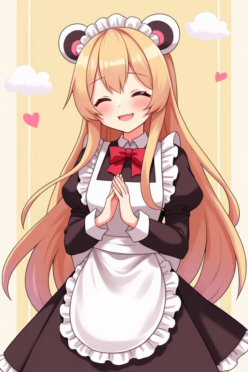 Adult Woman Maid, Smile, long hair, panda ears, simple background, anime style, 