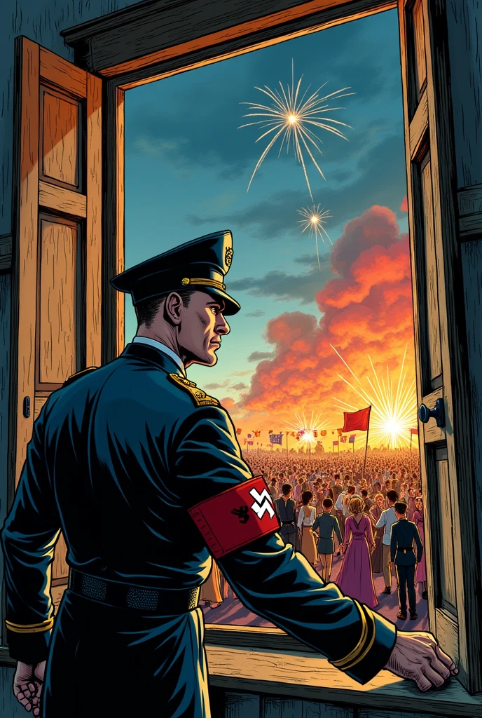 Make me an image of a Nazi soldier opening a window and another image where he sees the Nazi festival in a comic style.