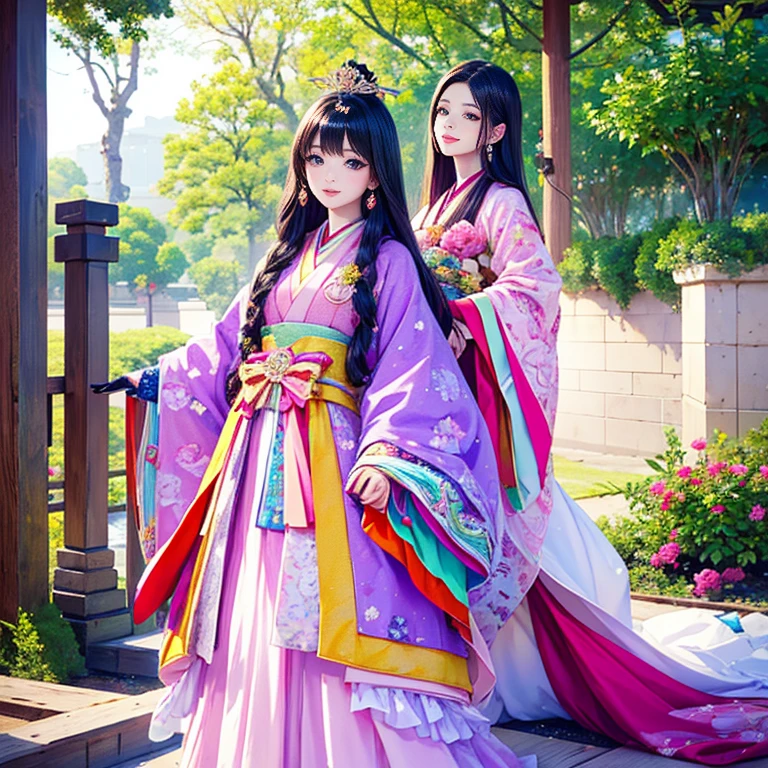 ( High resolution、 Super detailed、masterpiece、Highest quality、8k)、Heian period in Japan、(NHK Taiga Drama、To the Shining One)、Fujiwara Akiko、palace、The Empress of the Palace、Young beautiful woman、Beautiful Face、Beautiful Face、Pretty lips、(12 single coats、Light pink、Light purple、yellow、green、blue、red、White color、Colorful overlapping)、(Full Body Shot)、Long black hair、Jewel Ornament、background、garden、Colorful flowers、Vibrant colors、Detailed Anime、Detailed CG、