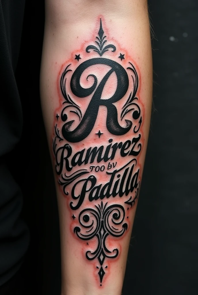 A tattoo for a man with the last names Ramirez and Padilla 