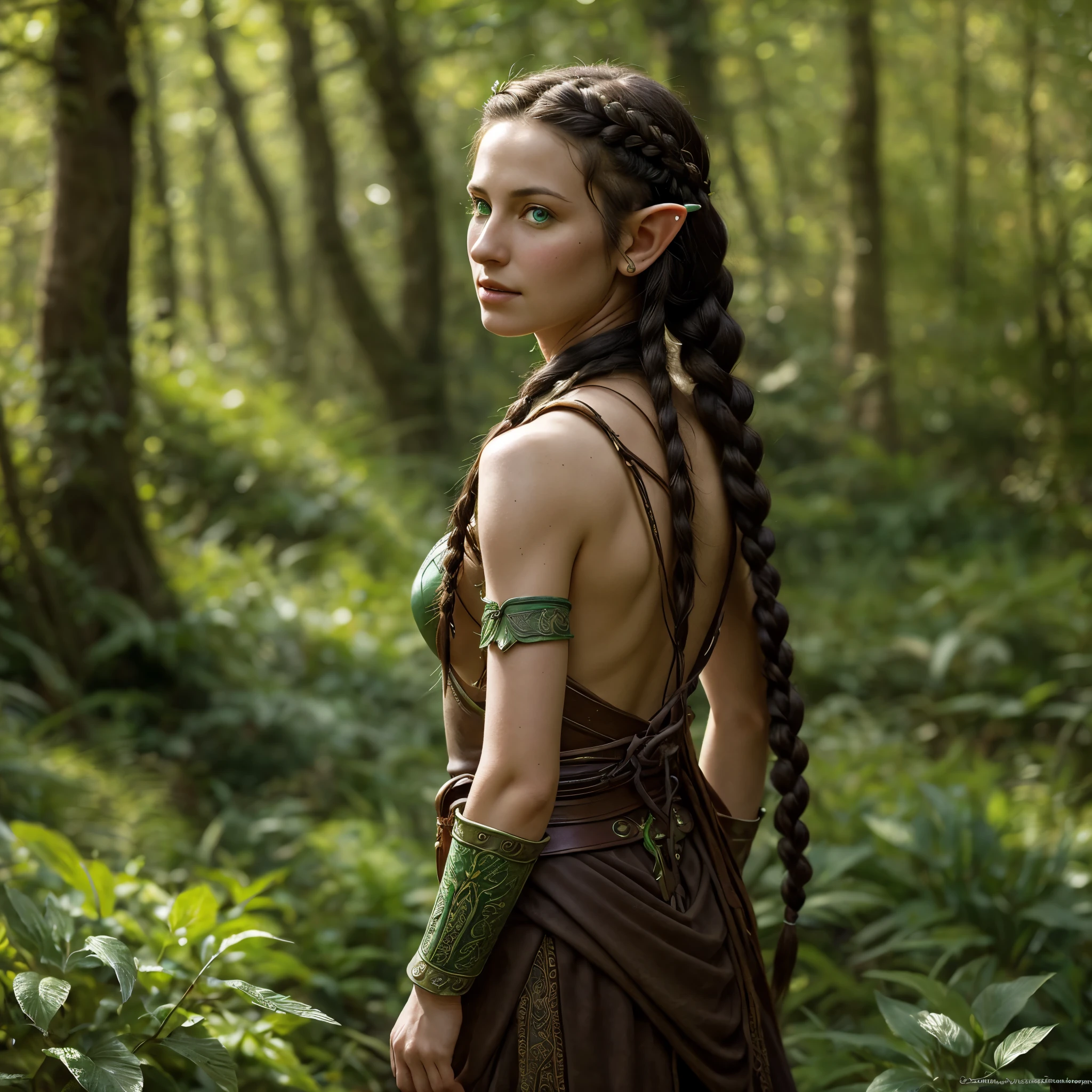 Portrait of a young nomadic Elf woman; a mage leader; a strong and independent demeanor: piercing emerald green eyes; long flowing black hair; hair braided with feathers and beads; sun-kissed skin; subtle vallaslin tattoos on her face; leather armor adorned with intricate elven designs; a quiver of arrows slung across her back; a bow held confidently in her hand; alert and intelligent expression; a hint of playful defiance. The background is a lush forest grove, dappled sunlight filtering through the trees. Style: photorealistic, detailed, fantasy art, Donato Giancola, in the style of Dragon Age concept art