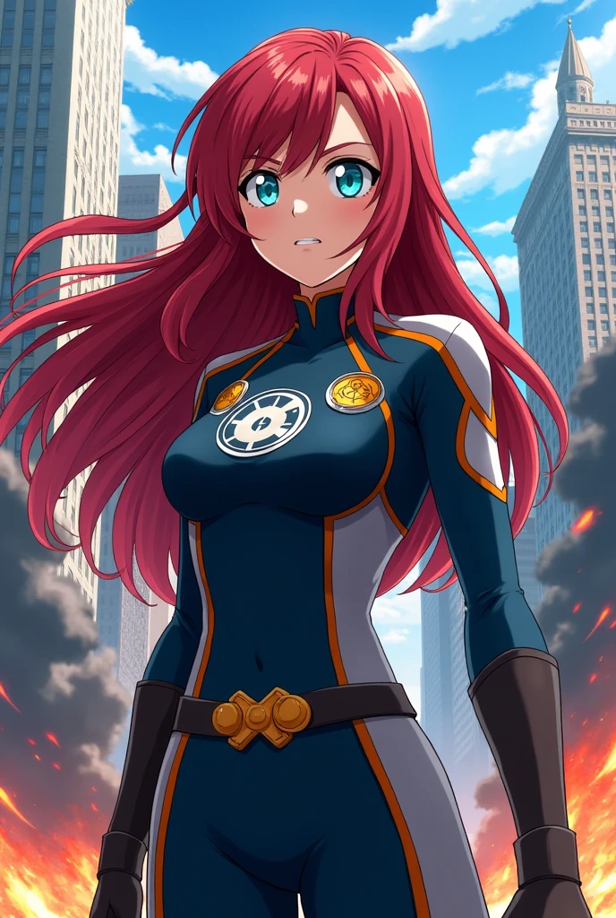 Create a Boku no hero with long dark red hair, Very light blue eyes, intimidating look, in uniform and with a serious expression, アニメ