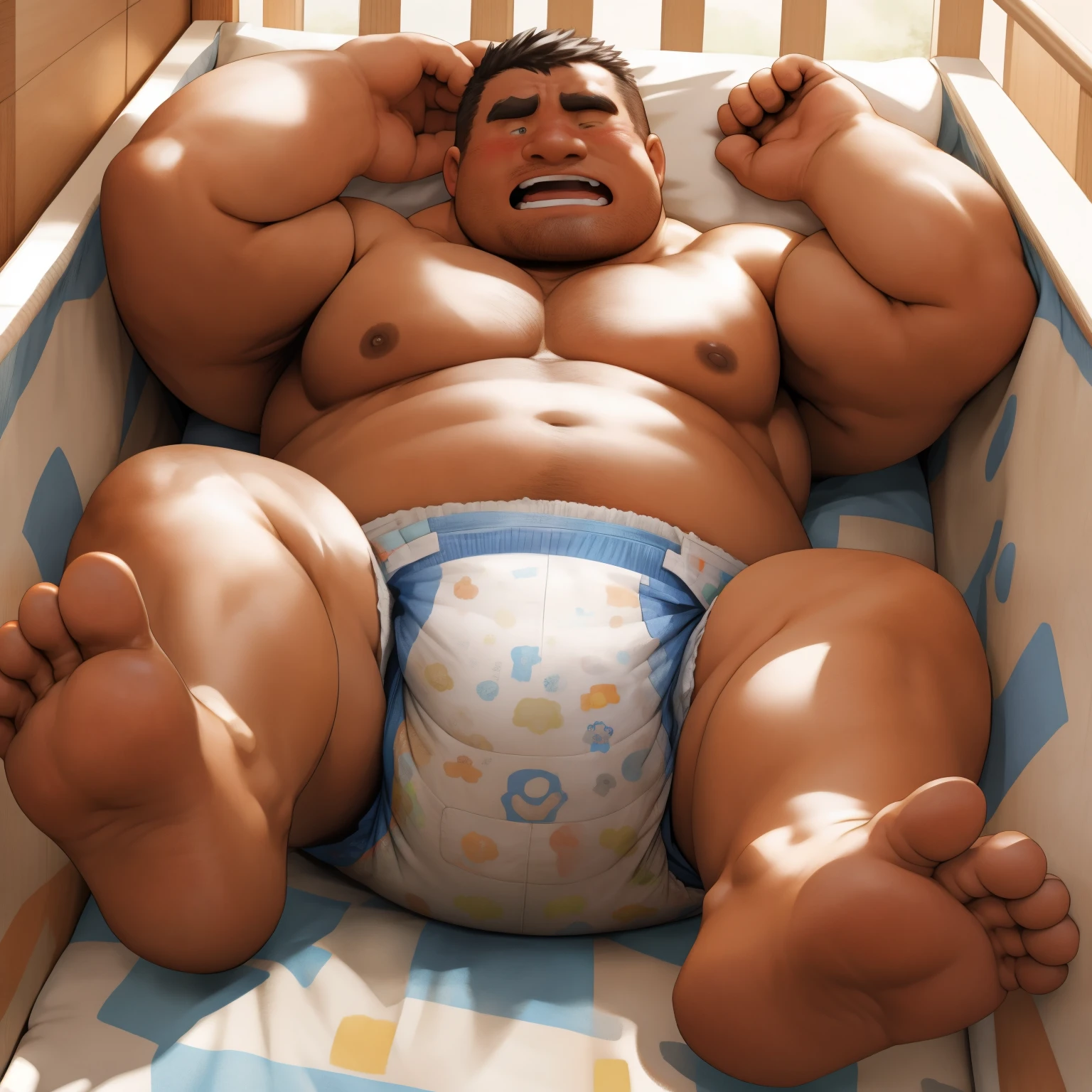 masterpiece, Top quality, in 32K, perfect anatomy, hyper detailed, photo realistic, super fine illustration, The thick man is a brutal prisoner, asian, retarded, human, 50yo in japan, Fatty muscle, (fatness:1.2), Bowleg, disappointment, incontinent, Diaper Open, shy, sobbing, weak, sissy, Round face, be diaper check by children, There is a small puddle under him, Naked, Bowleg, spread and lifting legs, wear a White cloth Diaper, White Diaper without pattern, Pampers, Bare belly, Bare legs, Bare foots, Bare soles, Shirtless, wide forehead and short thinning hair, round face with stubble, Bare foots, Bare soles, He enters nursery school and is despised by children, He is taken care of by the children at the nursery school, He surrounded by children in playpen, Bare foots, big butt, White Diaper, sobbing, There is a small puddle under him, sobbing, He is lying in baby crib in nursery, top view, open diaper, Diaper change