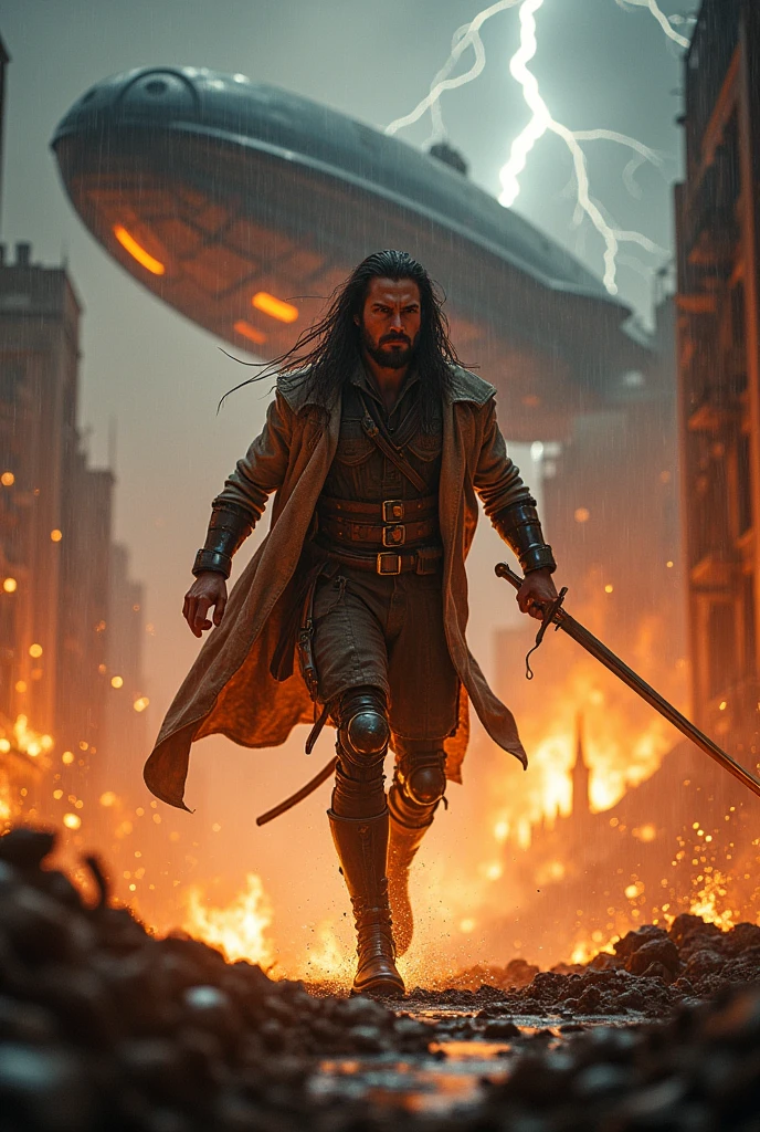 Man walking in a burning city, long hair
