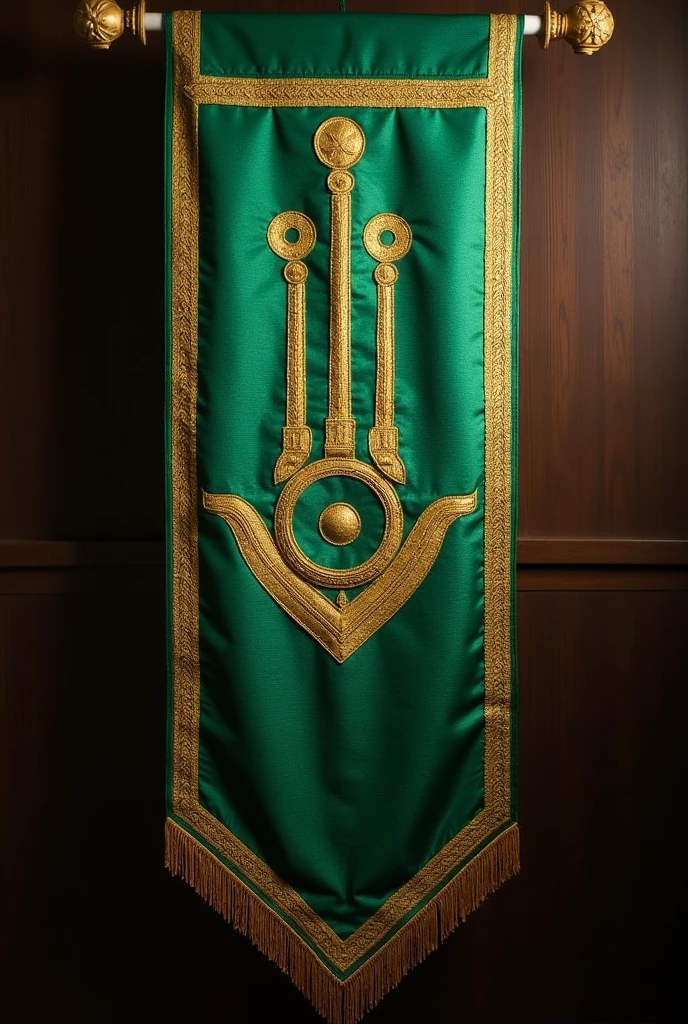 Banner for a lodge in green moiré fabric that contains in its center gold or golden color, Indefectibly the design of two bars or lateral lines in vertical position from left to right and in the middle of them a circle with a dot in the center which is the representation of the two saints John (Baptist and Apostle)