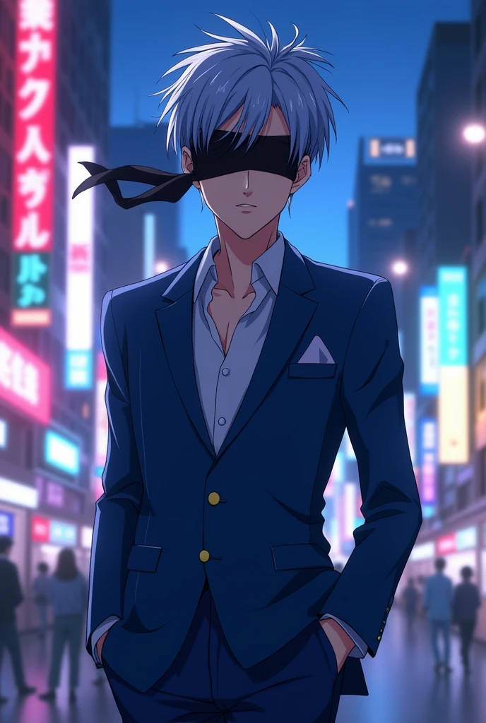 Satoru Gojo,lavender blue hair,eyes with a large black blindfold,open blue suit, anime image.