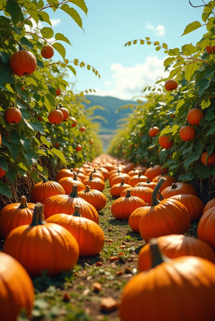 A lush pumpkin patch with various-sized pumpkins, sprawling vines, and a few pumpkins rolling away."