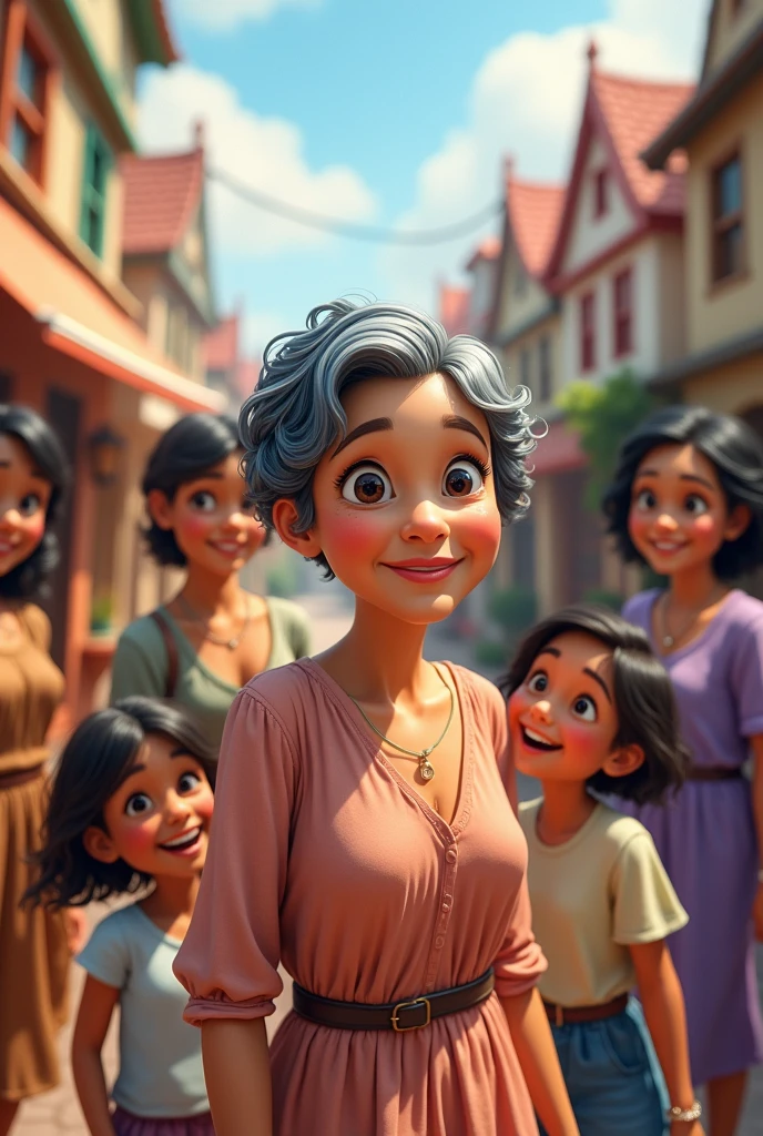 An old woman with short black hair and four women and a girl, White skin . Disney-style drawings