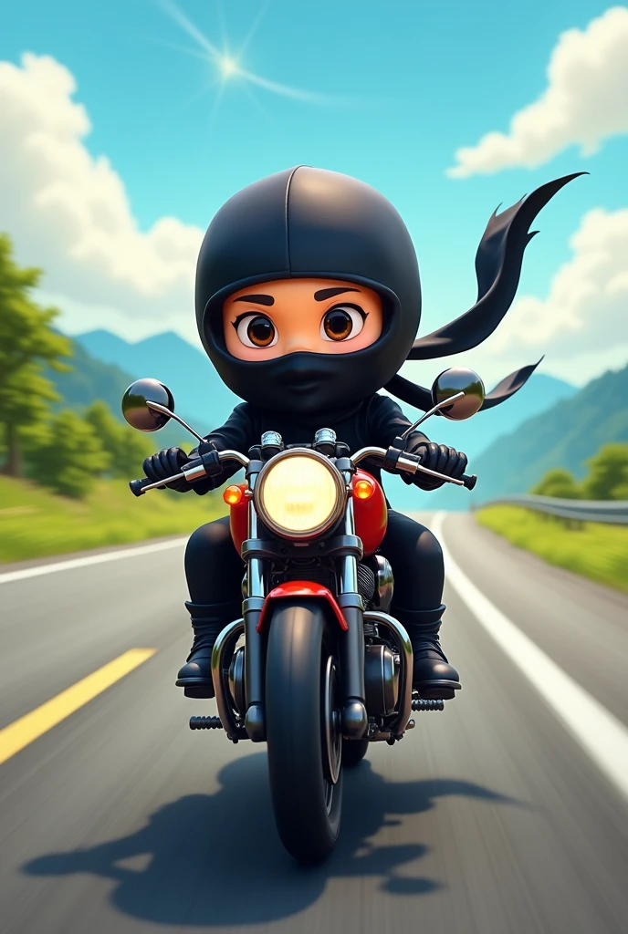 An animated ninja emoji with a ns 200 motorbike on the road