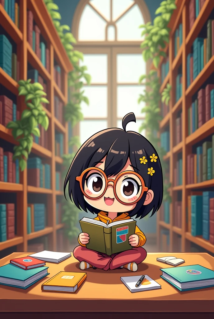 A chibi cartoon of a college student reading in the library