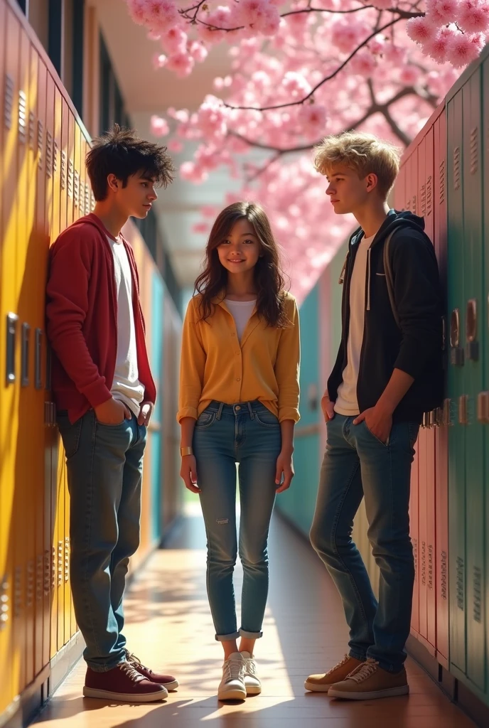 Indecisive girl between two boys, She doesn't know which one to choose, She's in love with both of them, All three are 17-year-old teenagers, and the boys are fighting over her love