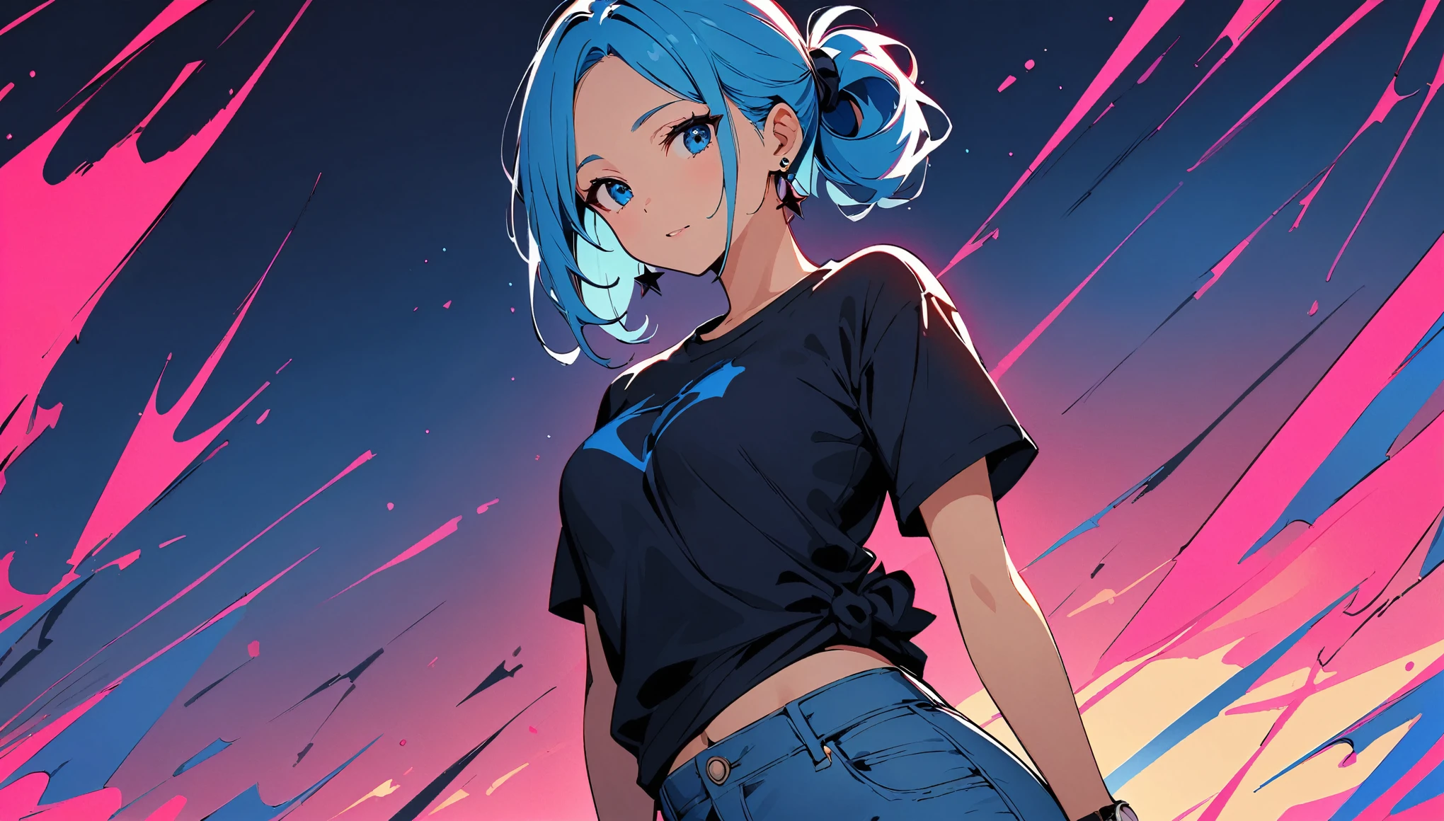 (high quality, 8k, 4K, High Contrast, masterpiece:1.2, 最high quality, Best aesthetics), (Dynamic Angle), ((1 female)), ((Single color background)), ((Flat Color)), Plain White and Short T-shirt, jeans,Looking at the audience, Upper Body, Pop Background,Light background, High Contrast, Contrasting colors, Cowboy Shot,Pale pink and blue lighting,Long Hair,((Tied Hair)),Small Tits,Blue Hair,Small star-shaped earrings in both ears,watch,bright eyeshadow