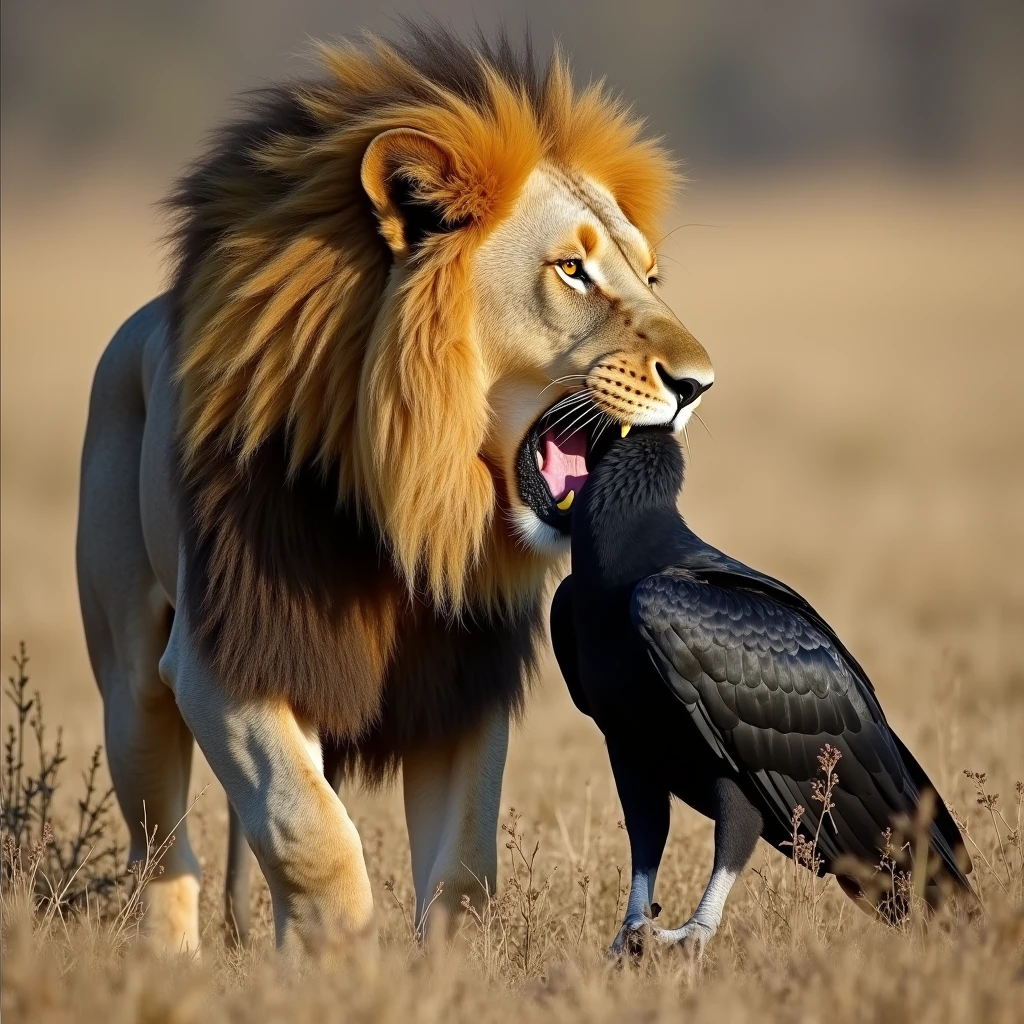 A lion eating a black vulture