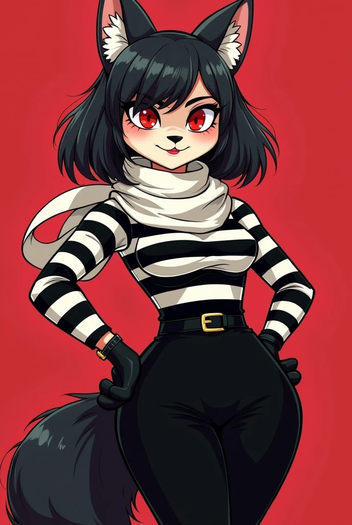 The image shows a cartoonish style mime furry wolf character in black and white, with some details in red. Big breasts She is a sexy lascivious woman clothes black and white horizontal striped suit, that covers his torso and arms. Red eyes He wears black gloves and a white scarf around his neck. a black pencil skirt.She has a black belt around her waist, black bob haircut, thick black lips,