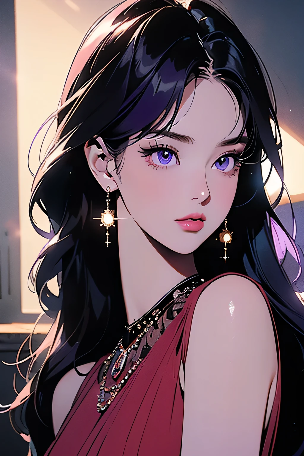a beautiful young woman with purple hair, purple eyes, wearing a red dress, star-shaped earrings, 1girl, beautiful detailed eyes, beautiful detailed lips, extremely detailed eyes and face, long eyelashes, high fashion, elegant, cinematic lighting, dramatic lighting, intricate details, photorealistic, 8k, ultra-detailed, best quality, masterpiece, vibrant colors, glowing skin, volumetric lighting, natural pose, dynamic composition, dramatic lighting, chiaroscuro, cinematic framing, moody atmosphere, elegant, glamorous