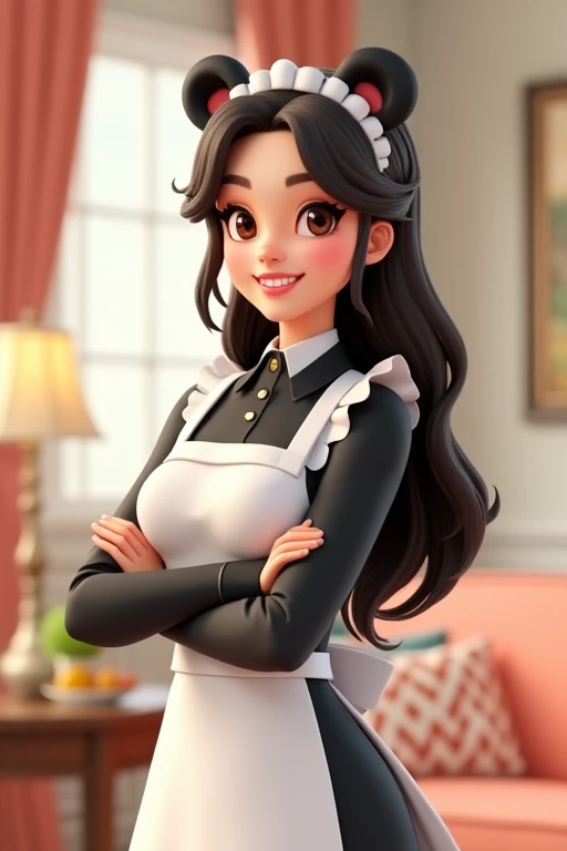 Adult Woman Maid, Smile, long hair, panda ears , 3D rendering, To profile,