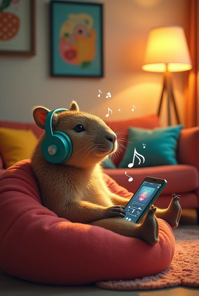 capybara jam with headphones and phone