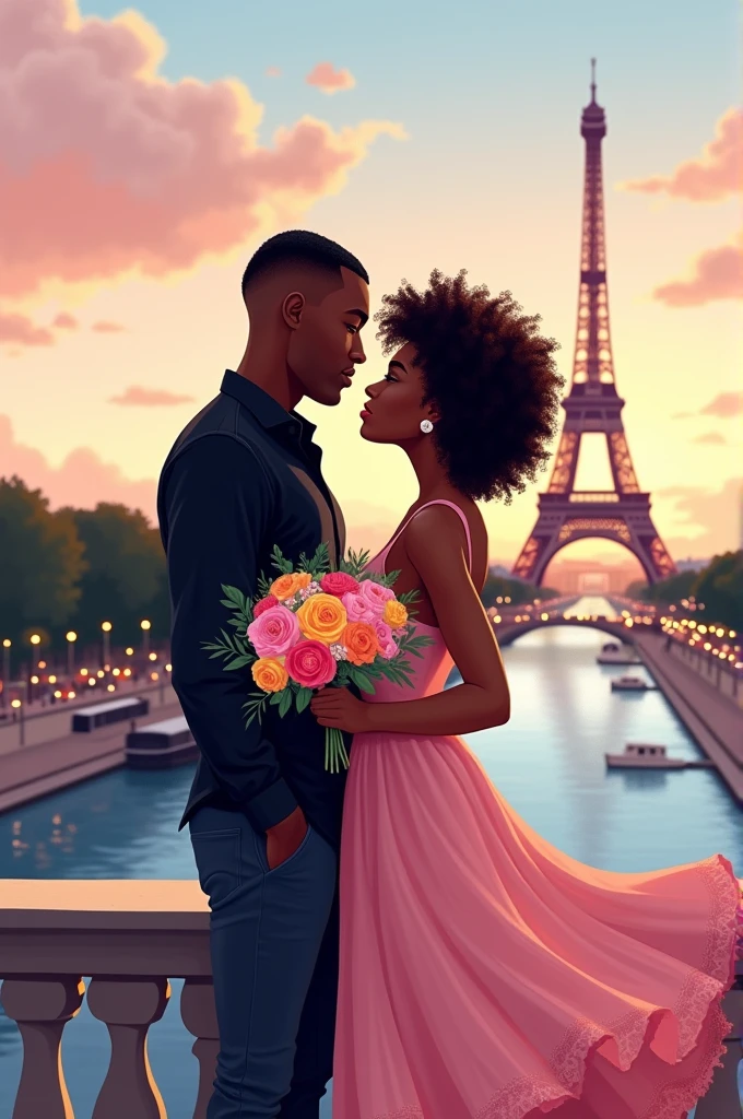 Illustration of black couple in paris coast, facing the Eiffel Tower. Man with black shirt and tape fade hair and woman with light pink dress and voluminous curly hair. She holding a colorful bouquet 