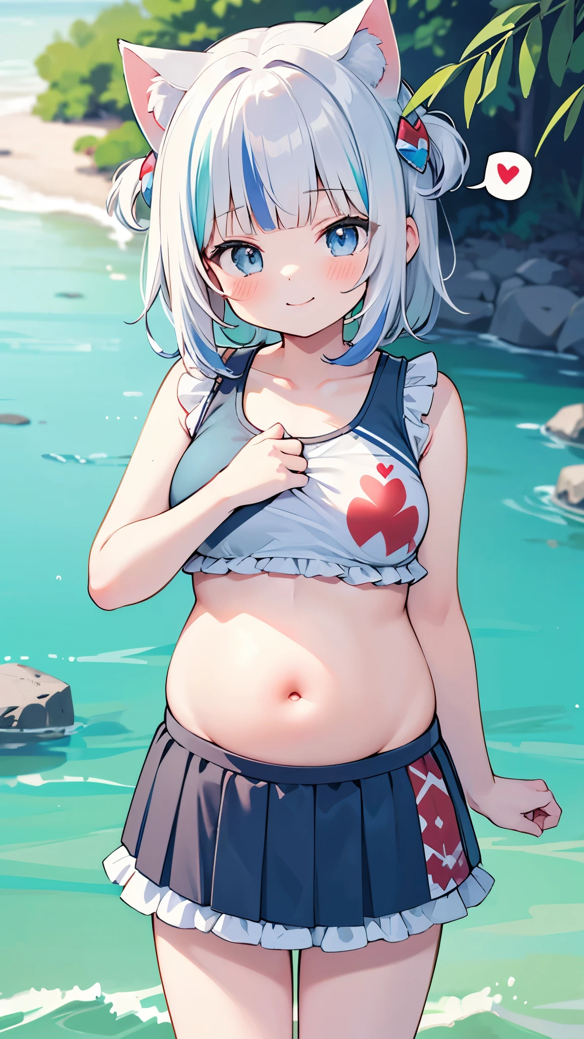,Very detailed illustrations、Bright colors,anime,masterpiece, 8k,最high quality, high quality:1.4, Perfect Anatomy, Very detailed,masterpiece background,, v8K wallpaper,Perfect design,Award-winning art、5 years old,minigirl,mini body,kawaii,cute face,Candy Hair Ornament、Hair in the shape of a ring,very huge round breast grab,,Touching beautiful breasts,Bobcut、cat tail,cat ear,Detailed child Himemori Luna naked,Detailed cute baby face、Cute eyes、In crystal clear water、In the beautiful sea、Pregnant and big belly,Cheerful child smile、Wink、spread lips,Oblique view、Gaze Down、looking down,spoken heart、(Kindergarteners,little child:1.3),(sports bra,beautiful frilled skirt:1.2)