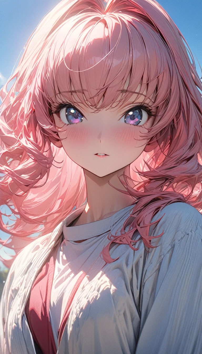 One person, adult, woman, Ultra-high resolution, 超detailed, Highest quality, 8k,((Highest quality)), ((masterpiece)), (detailed),Face direction(front),Hair Color(Bright pink,delicate hair texture), Hairstyle(Soft and fluffy,Shortcuts ), background(blue sky,morning),eye(きれいなeye元), clothing(Comfortable clothing),expression(Exquisite features depicting a perfect face),Body Type(model,Naturally beautiful),Perfect hands,完璧なwoman像, Dramatic Shadows,Cute pose,Anime characters, Code Geass,