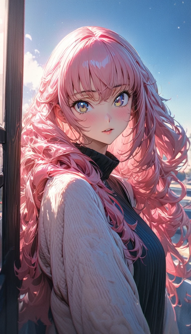 One person, adult, woman, Ultra-high resolution, 超detailed, Highest quality, 8k,((Highest quality)), ((masterpiece)), (detailed),Face direction(front),Hair Color(Bright pink,delicate hair texture), Hairstyle(Soft and fluffy,Shortcuts ), background(blue sky,morning),eye(きれいなeye元), clothing(Comfortable clothing),expression(Exquisite features depicting a perfect face),Body Type(model,Naturally beautiful),Perfect hands,完璧なwoman像, Dramatic Shadows,Cute pose,Anime characters, Code Geass,