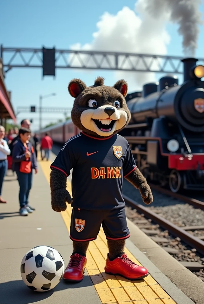 Railroad mascot wearing a black soccer uniform
