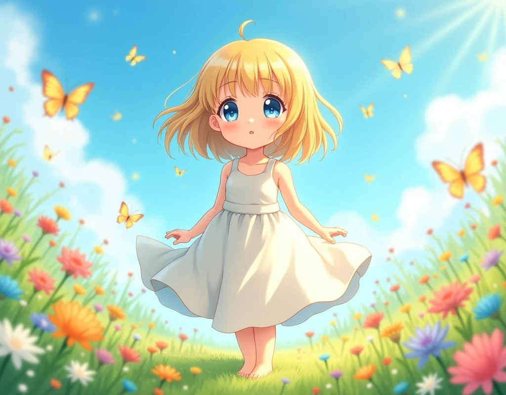 cute blonde anime girl with round face and prominent cheeks wearing sleeveless white dress