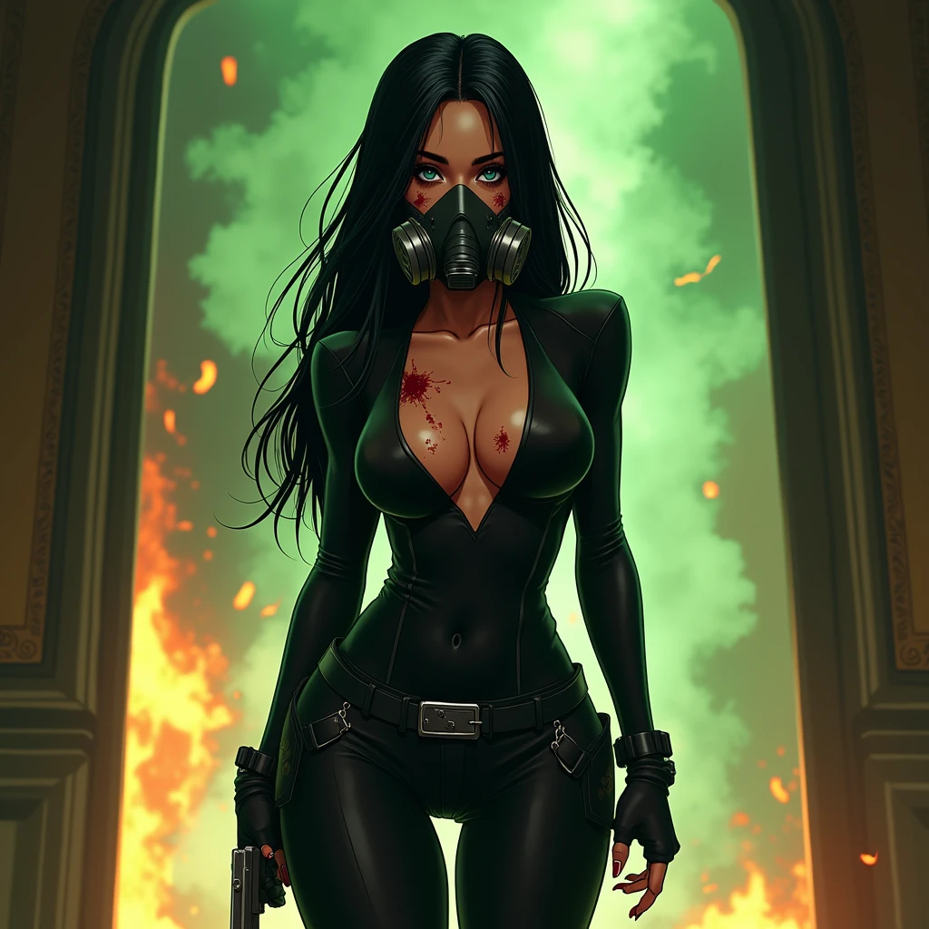 A beautiful woman with mesmerizing blue eyes, long, straight, jet-black hair, she is very beautiful, Wide hips, big breasts, He wears a tight black combat suit, which has a V-neckline, They have a respirator mask to breathe in bombs, She leaves a luxurious mansion, fire and green mist surround her. With blood on her face and hands. megan fox. animated art