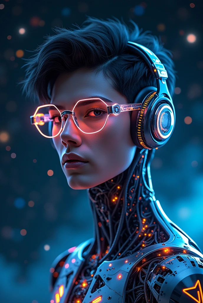 A highly detailed 20-year-old male cyborg, with a focus from the shoulders up, looking slightly towards the camera. The cyborg should have a futuristic and sleek appearance, featuring polished metal, intricate mechanical details, and neon glowing cybernetic implants. Include cyberpunk technology elements, such as transparent, crystal-clear futuristic glasses and cyberpunk headphones. His eyes should be glowing and enigmatic, with an expression suggesting contemplation or curiosity. The background should be a dark cosmic setting with a cinematic and professional style, incorporating deep space elements like stars and nebulae. The transition between the cyborg's technology and the cosmic background should be smooth and harmonious, creating a striking and immersive visual contrast