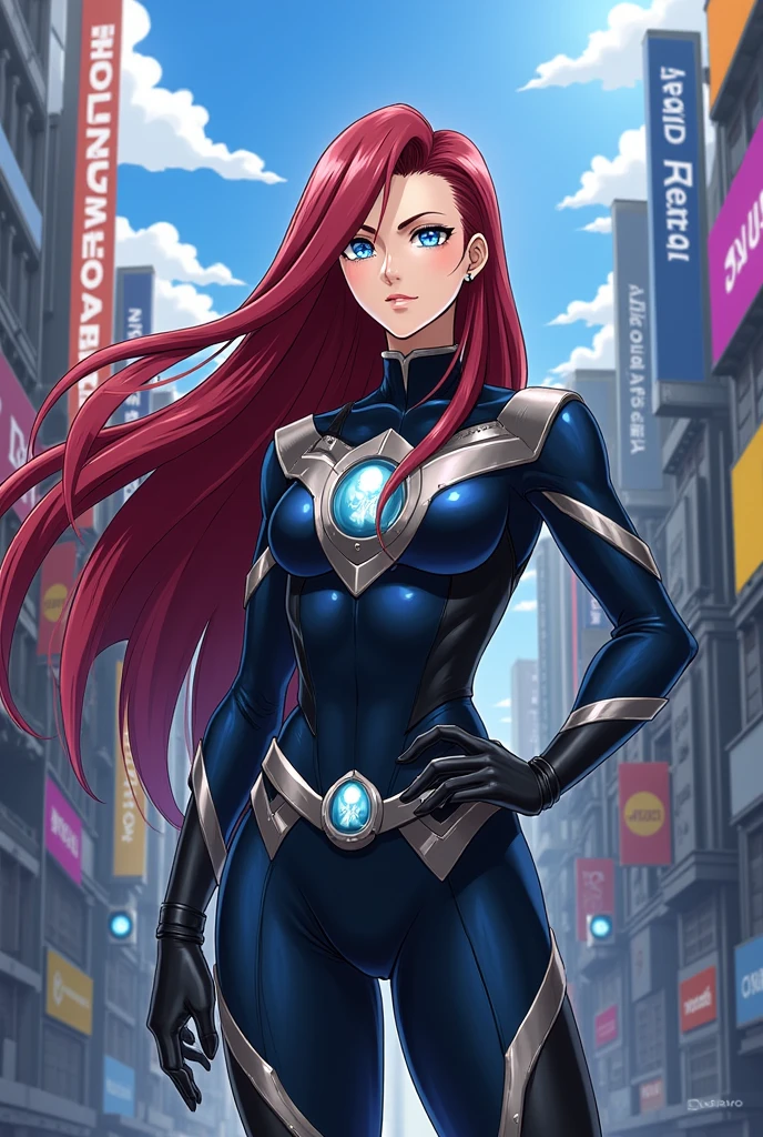 Create a Boku no Hero OC with long dark red hair, Very light blue eyes, intimidating look, in uniform and with a serious expression, アニメ 