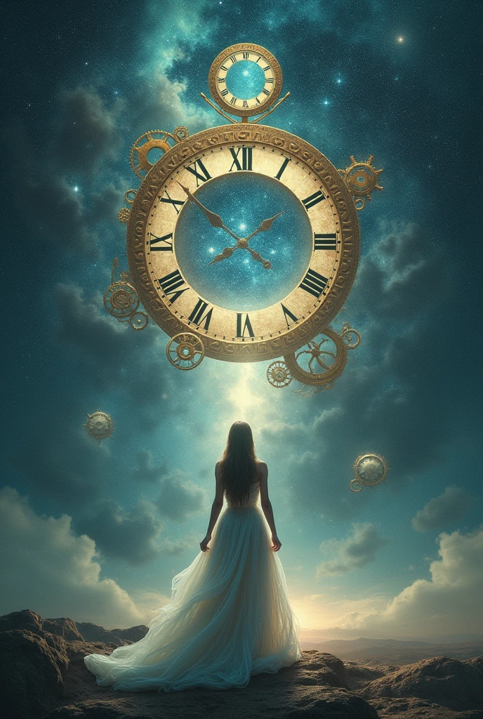 The image presents a surreal and dreamlike scene. The central figure is a woman, standing with her back to the viewer, looking out towards a cosmic landscape. Her long, flowing dress suggests movement and grace. Surrounding her is a large clock face, which serves as a portal or gateway to the starry expanse beyond. The clock hands are in a position that might suggest a specific time, but it's not clear whether this is meant to be interpreted literally or metaphorically. The background is filled with swirling clouds of blue and white, evoking the appearance of a nebula or a celestial body like a planet. This backdrop is studded with smaller clocks and gears, adding to the sense of complexity and depth in the image. The overall color palette is dark and moody, with blues and blacks dominating, punctuated by the golden tones of the clocks and the soft glow of the stars.