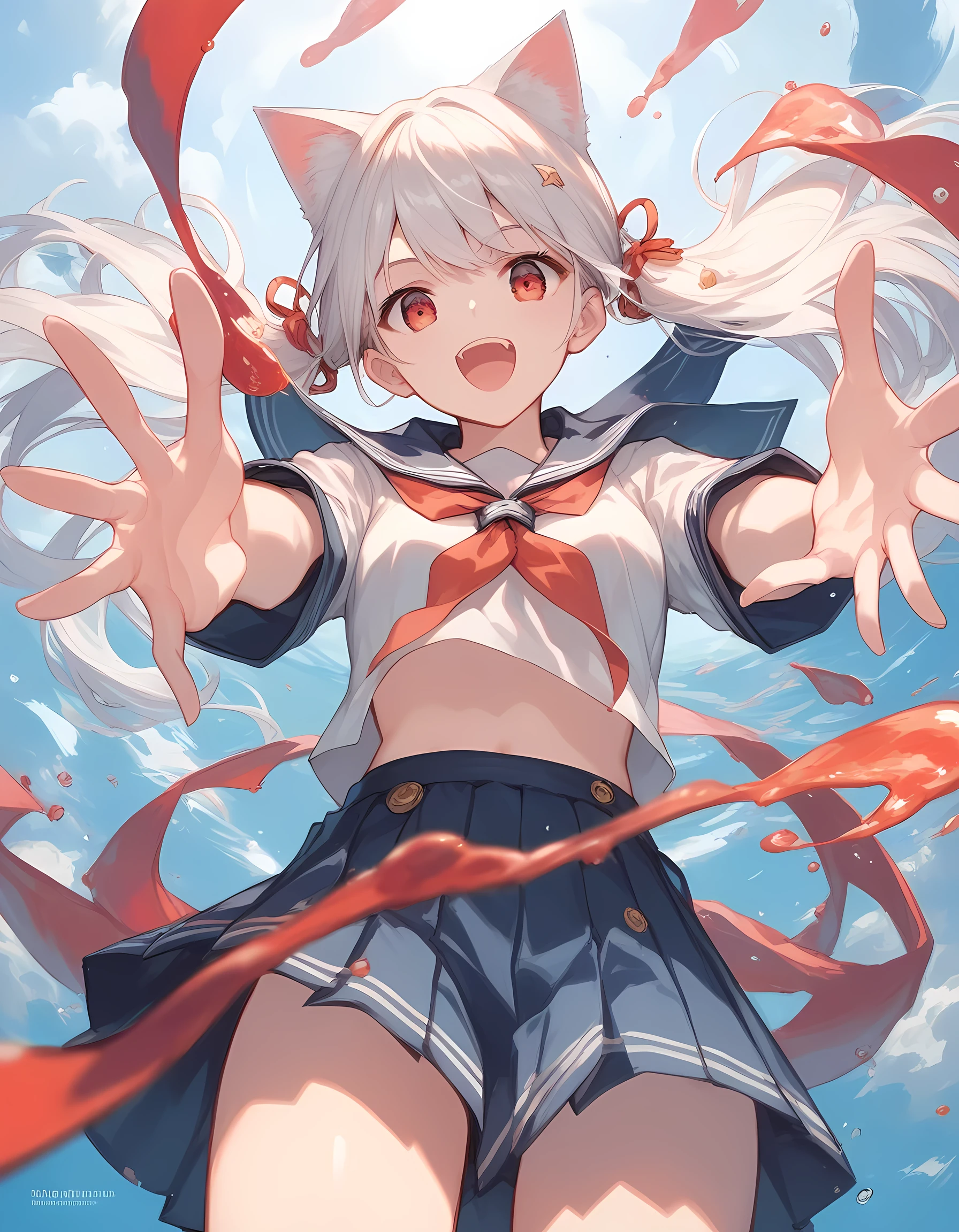 score_9, score_8_superior, score_7_superior, score_6_superior, sauce_anime, evaluation_Safety, masterpiece, Highest quality, White haired cat ear girl, Straight, Viewer Perspective, Reaching out, Adorable, Sailor suit, white panties, cowboy shot