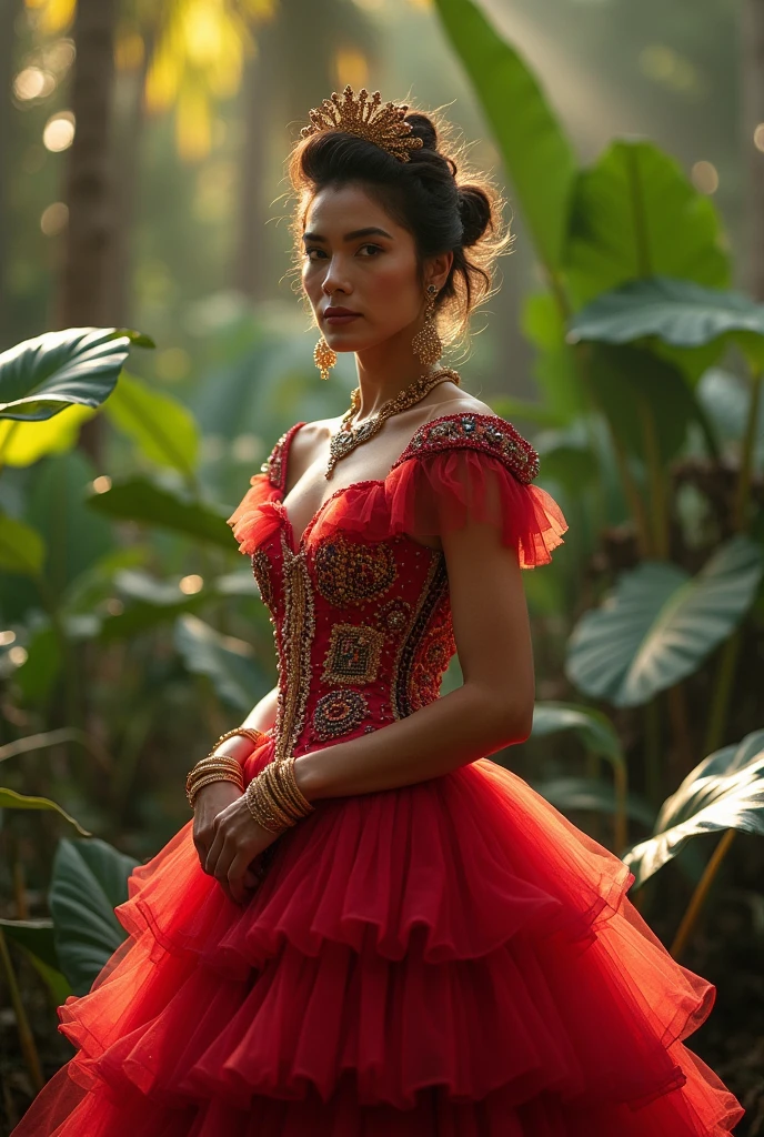 Vitorian clothing with Brazilian-Indigenous and Belle Époque influences in Belém do Pará. Retro style. Red tulle fabric 