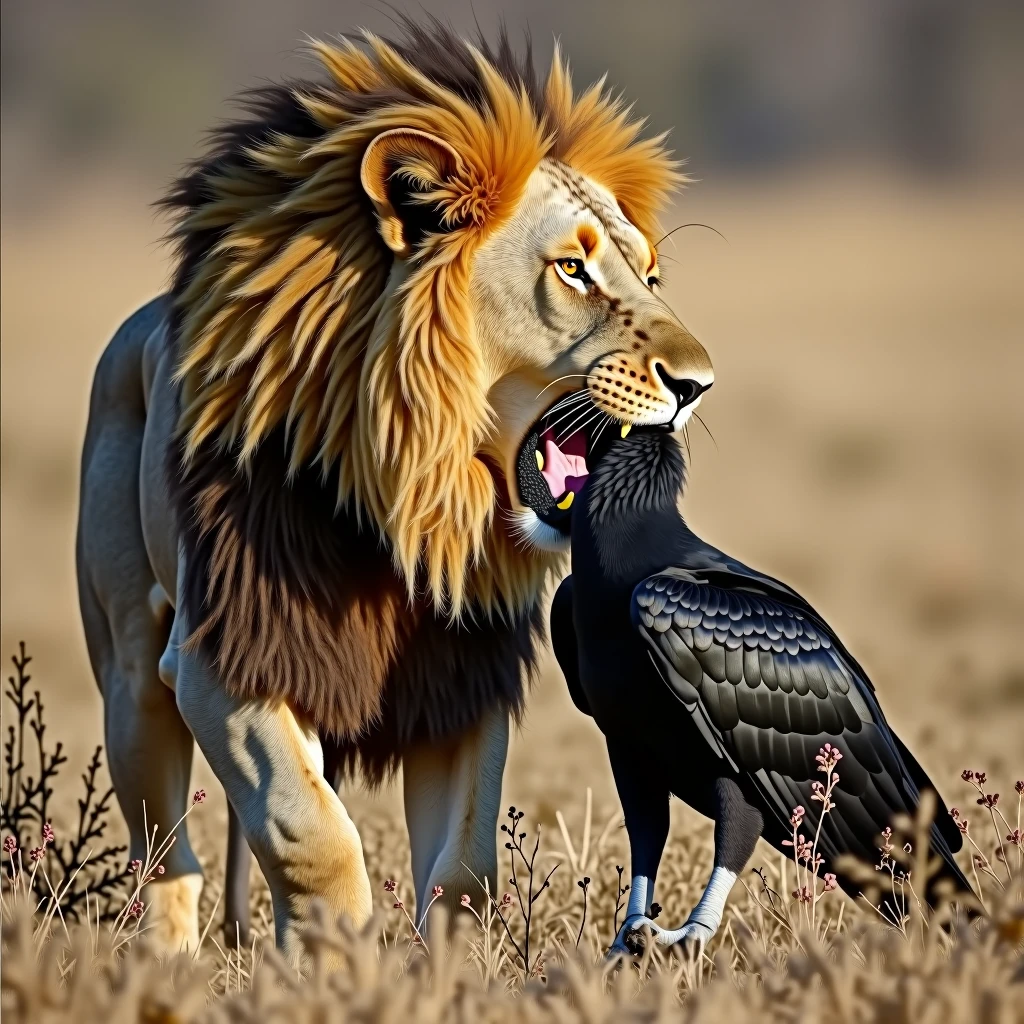 A lion eating a black vulture