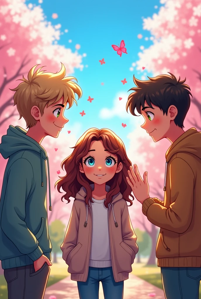 Indecisive girl between two boys, She doesn't know which one to choose, She's in love with both of them, All three are 17-year-old agers, and the boys are fighting over her love
(animated)
