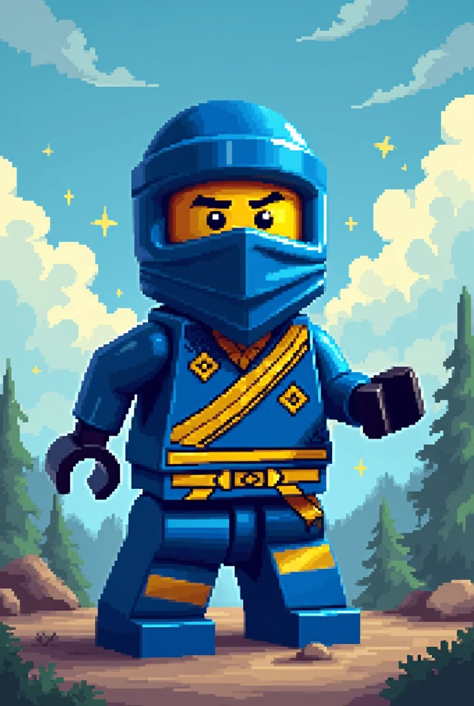 create jay walker from ninjago sprite style from 1981 video game with pixels