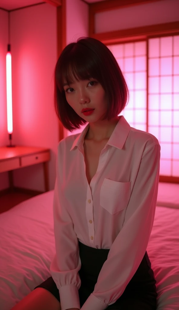 ((Japan sexy actress)) Mature Woman ((Plump, Red lips with lipstick)) Big Breasts Duck mouth ((Short brown hair with bangs)) ((Looking into the camera)) Sit with your legs apart ((White button shirt and black enamel tight skirt)) Low angle shot of a person standing facing forward Looking down ((A bedroom with shoji screens and tatami tatami lit up with pink neon lights))