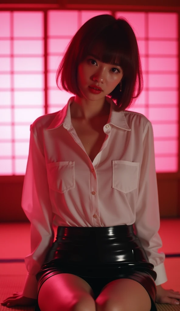 ((Japan sexy actress)) Mature Woman ((Plump, Red lips with lipstick)) Big Breasts Duck mouth ((Short brown hair with bangs)) ((Looking into the camera)) Sit with your legs apart ((White button shirt and black enamel tight skirt)) Low angle shot of a person standing facing forward Looking down ((A bedroom with shoji screens and tatami tatami lit up with pink neon lights))