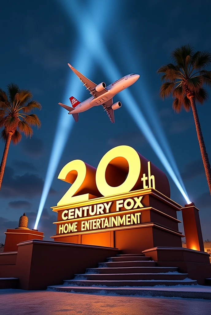  giant  20th century fox  home enterteiment logo (1999-2010, International  with  1994 font home enteeteiment clear down on the stage peace   its night time with the dark sky and an 787 air india jet flying  and its cloudy and its snowing   and it has searchlights  in hollywood wih palm trees