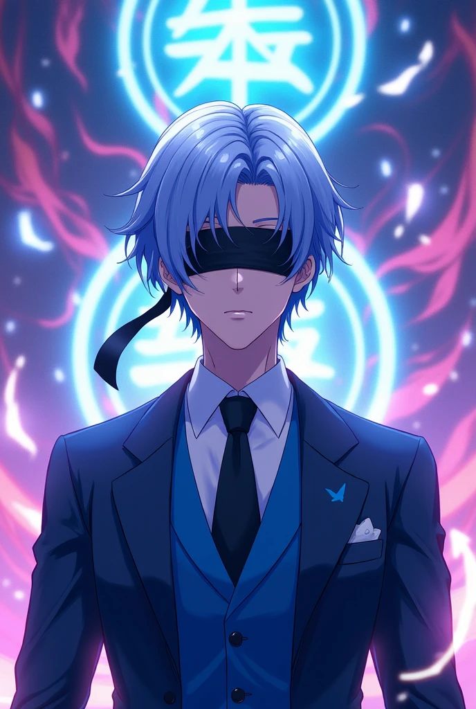 Satoru Gojo,lavender blue hair,eyes with a large black blindfold,open blue suit, illuminated language,anime image.