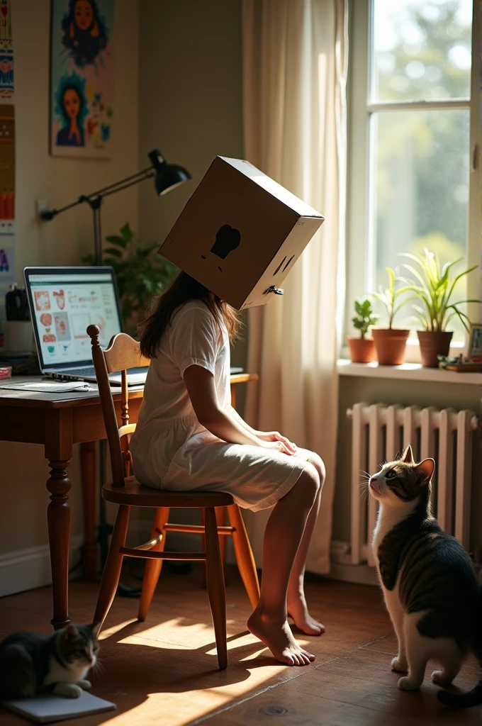 Girl sitting on a chair, her box head floating 1cm above her body, surrounded by cute cats. Warm lighting, fine details reflect the atmosphere of work and creativity. On the table, an open laptop shows her activity. Real shot, high quality, captured by high-definition camera, emphasizing aesthetic composition and positive mood.
