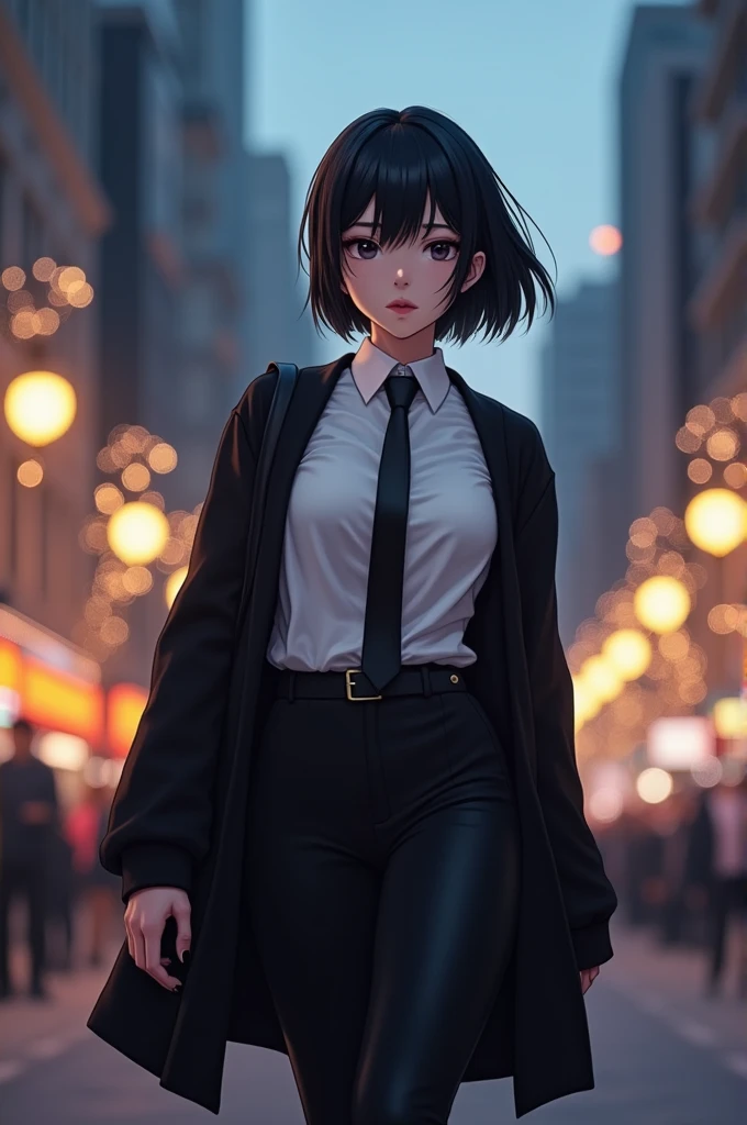 female character, short black hair,White shirt with tie, black sweater