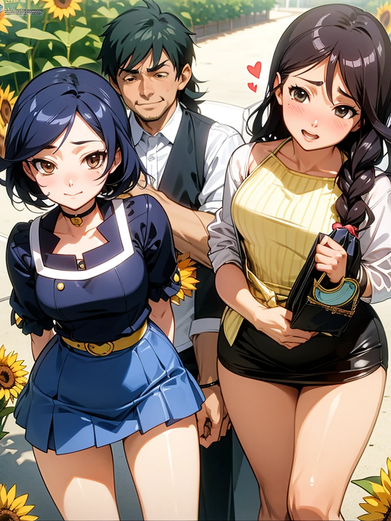 Kōsuke Fujishima style , Anime magazine pinup , clothed erotica , cat woman , wide hip , summer dress , Sunflowers are blooming , heart is beating fast with anticipation