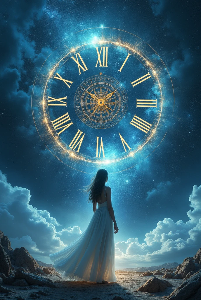 A dreamlike scene unfolds: a woman stands facing the cosmic landscape, her flowing dress undulating as if caught in an otherworldly breeze. Behind her, a large clock face serves as a portal to the starry expanse, its hands frozen in time, perhaps indicating a moment of pause or introspection. Swirling clouds of blue and white nebula-like formations fill the background, studded with smaller clocks and gears that add depth and complexity. Dark blues and blacks dominate the palette, punctuated by golden tones from the clocks and soft starlight.