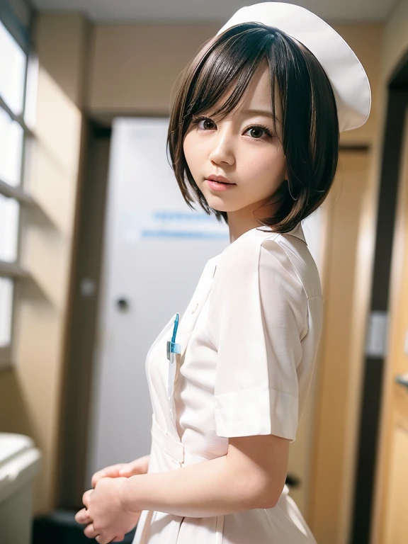 woman, alone, (Wearing white nurse clothes:1.2), (Bobcut), Shortcuts,bangs, Black Hair, nurse, Perfect Anatomy, nurse uniform, (Nurse cap), (White costume), Long skirt, hospital, Single eyelid, Face close-up, 