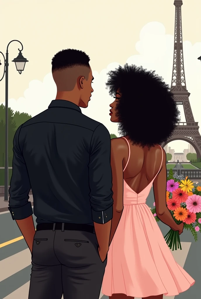 Illustration of a black couple in Paris, BACK VIEW ONLY, facing the Eiffel Tower. Man with a black shirt and a taper fade haircut and woman with a light pink short dress and voluminous curly hair to the shoulder. She holding a colorful bouquet
