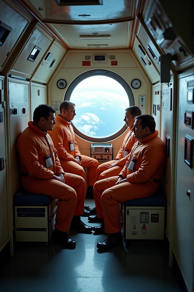 A portrait of the three cosmonauts inside Salyut 1, with a view of Earth outside the window
