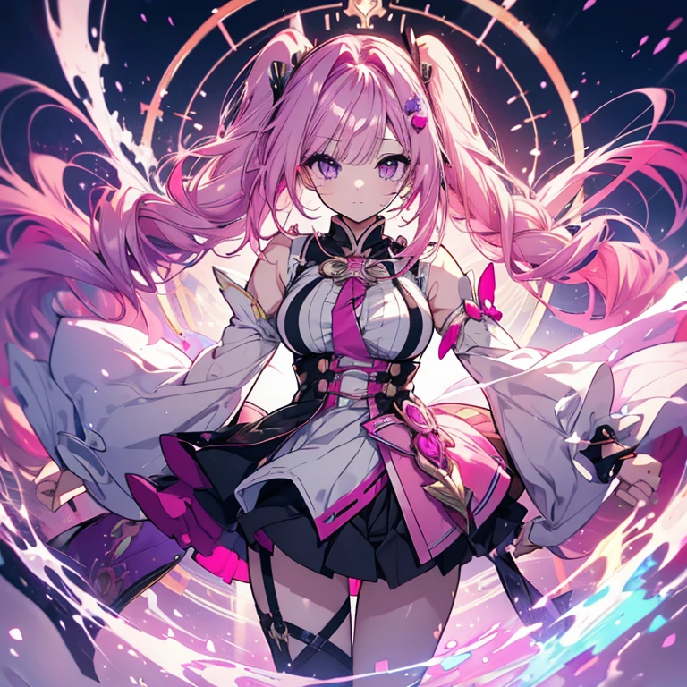 1 person、Mature、Ample breasts、Long Hair、Pink Hair、Curly Hair、Magical girl、Lead-colored sky、Battle Scenes、fly in the sky、Ascend to the heavens、Miniskirt、Twin tails、Purple Eyes、magic circle、High resolution、Highest quality