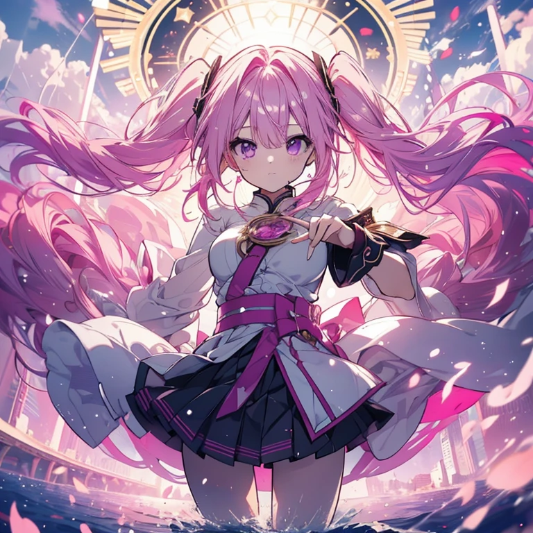 1 person、Mature、Ample breasts、Long Hair、Pink Hair、Curly Hair、Magical girl、Lead-colored sky、Battle Scenes、fly in the sky、Ascend to the heavens、Miniskirt、Twin tails、Purple Eyes、magic circle、High resolution、Highest quality