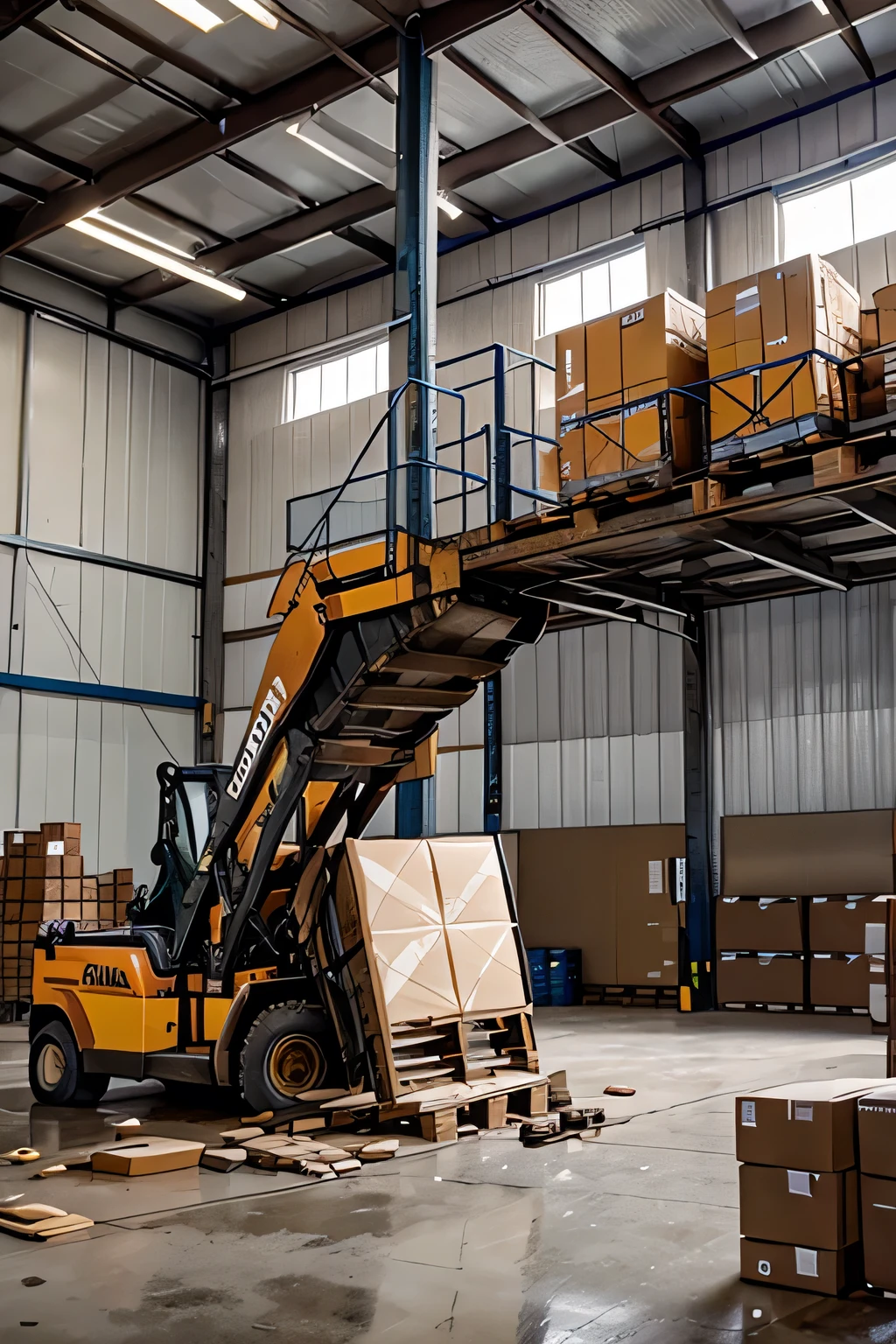 Pallet accident falling onto a reach truck in a warehouse